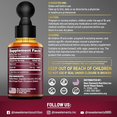 Gotas de Magnesio Glicinato Líquido con Vitamina B6 - Suplemento de Magnesio 500mg y Vitamina B6 100mg | Sin GMO, Sin Gluten | Alivio del Estrés | - imagen 3
