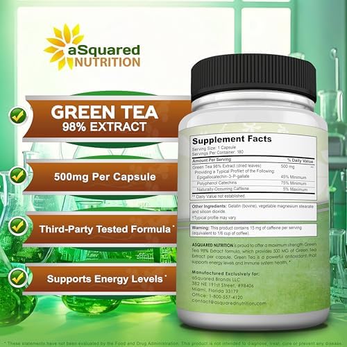 Extracto de Té Verde aSquared Nutrition con EGCG – 180 Cápsulas – 500mg por Cápsula – 75% Polifenoles, 45% EGCG – Soporte Antioxidante, Salud - imagen 5
