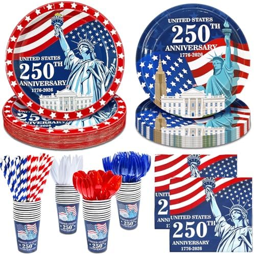 256 Piezas de Decoración para el 4 de Julio - 250 Aniversario, Suministros Patrióticos de Fiesta con Platos, Vasos, Servilletas y Cubiertos - imagen 1