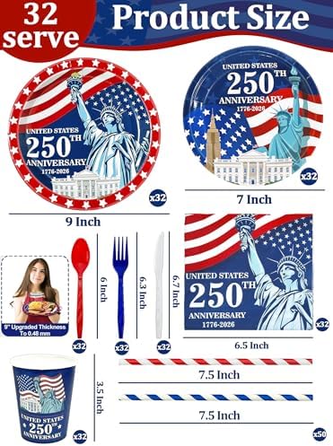 256 Piezas de Decoración para el 4 de Julio - 250 Aniversario, Suministros Patrióticos de Fiesta con Platos, Vasos, Servilletas y Cubiertos - imagen 2