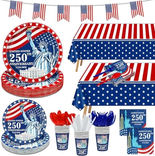 256 Piezas de Decoración para el 4 de Julio - 250 Aniversario, Suministros Patrióticos de Fiesta con Platos, Vasos, Servilletas y Cubiertos - imagen 7