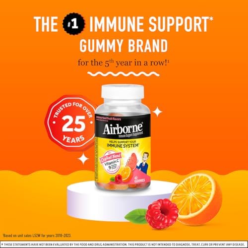 Gomitas Airborne de 750mg de Vitamina C para el Sistema Inmunológico, Sabor Frutas Variadas, Sin Gluten, 42 Gomitas (Paquete de 2) - imagen 7