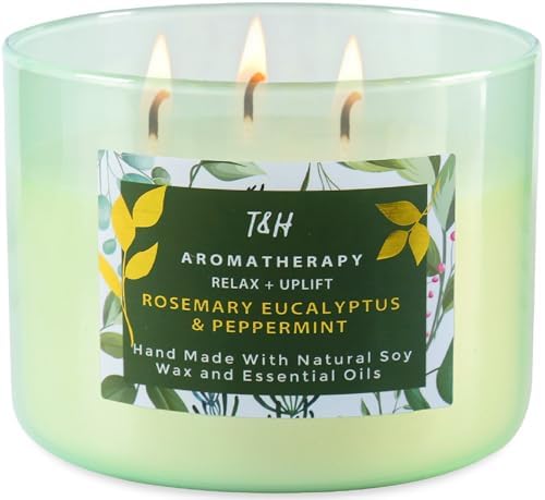Vela Aromática de Romero, Eucalipto y Menta de 3 Mechas | 15.8 oz | Vela de Soja Grande para Relajación en Casa | Regalo Ideal para Hombres y Mujeres - imagen 1