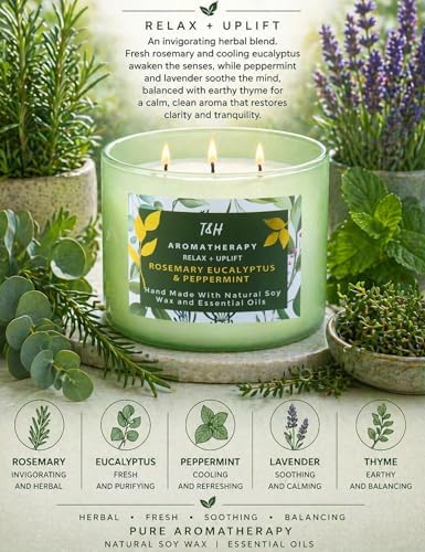Vela Aromática de Romero, Eucalipto y Menta de 3 Mechas | 15.8 oz | Vela de Soja Grande para Relajación en Casa | Regalo Ideal para Hombres y Mujeres - imagen 2