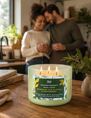 Vela Aromática de Romero, Eucalipto y Menta de 3 Mechas | 15.8 oz | Vela de Soja Grande para Relajación en Casa | Regalo Ideal para Hombres y Mujeres - imagen 3