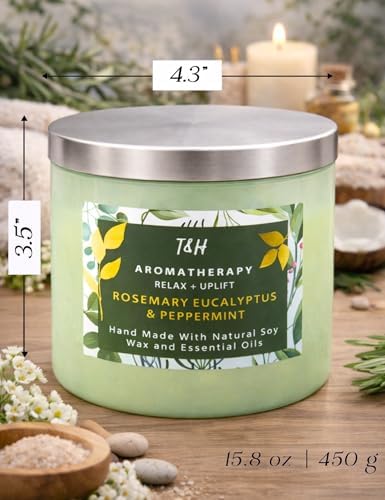 Vela Aromática de Romero, Eucalipto y Menta de 3 Mechas | 15.8 oz | Vela de Soja Grande para Relajación en Casa | Regalo Ideal para Hombres y Mujeres - imagen 5