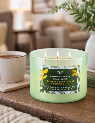 Vela Aromática de Romero, Eucalipto y Menta de 3 Mechas | 15.8 oz | Vela de Soja Grande para Relajación en Casa | Regalo Ideal para Hombres y Mujeres - imagen 7