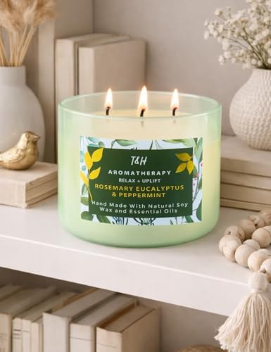 Vela Aromática de Romero, Eucalipto y Menta de 3 Mechas | 15.8 oz | Vela de Soja Grande para Relajación en Casa | Regalo Ideal para Hombres y Mujeres - imagen 8