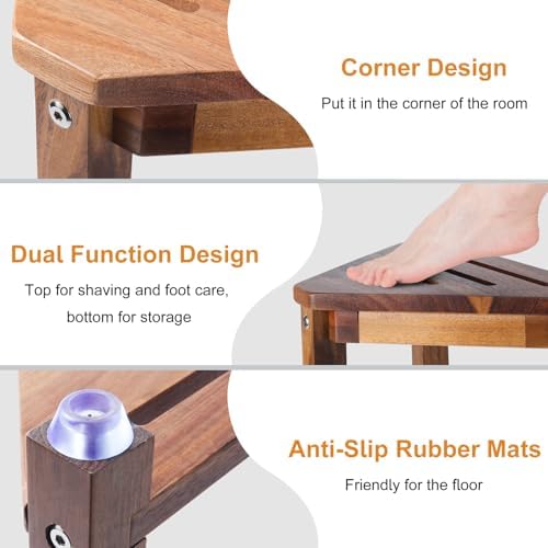 Taburete de Ducha Yaoyiizy de Madera de Acacia 13.5in, Descanso para Pies con Estante de Almacenamiento, Ideal para Duchas Pequeñas - imagen 4
