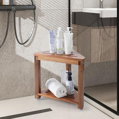 Taburete de Ducha Yaoyiizy de Madera de Acacia 13.5in, Descanso para Pies con Estante de Almacenamiento, Ideal para Duchas Pequeñas - imagen 5