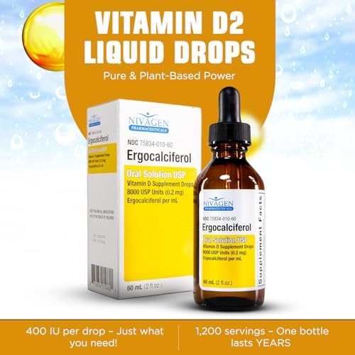 Gotas Líquidas de Vitamina D2 Nivagen 8,000 USP (Ergocalciferol) | 400 UI por Porción | 2 Gotas Diarias | 1,200 Porciones, 60ml | Absorción Rápida | - imagen 2