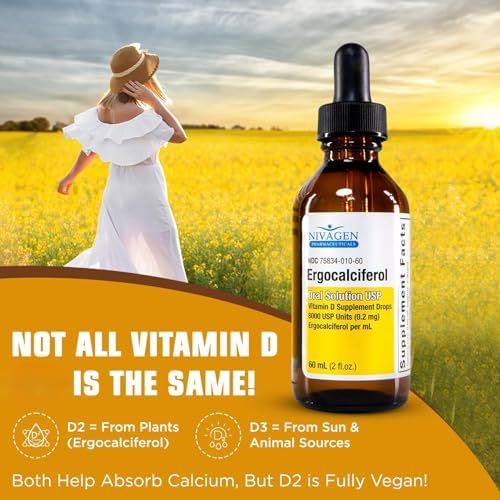Gotas Líquidas de Vitamina D2 Nivagen 8,000 USP (Ergocalciferol) | 400 UI por Porción | 2 Gotas Diarias | 1,200 Porciones, 60ml | Absorción Rápida | - imagen 3