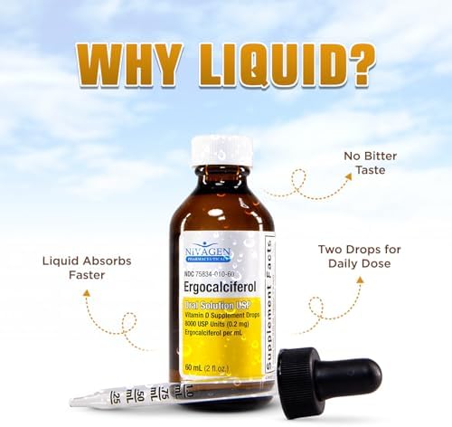 Gotas Líquidas de Vitamina D2 Nivagen 8,000 USP (Ergocalciferol) | 400 UI por Porción | 2 Gotas Diarias | 1,200 Porciones, 60ml | Absorción Rápida | - imagen 4