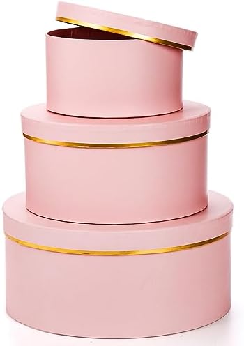 Cajas de Regalo Redondas Coloch de 3 Piezas con Tapa, Caja Rosa con Borde Dorado para Arreglos Florales, Cumpleaños, Bodas y Aniversarios, 3 Tamaños - imagen 3