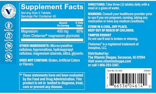 Magnesium Glycinate 400 MG de The Vitamin Shoppe, Magnesio Quelado para Mejor Absorción, Apoya Energía, Relajación y Sueño, Salud Cardiovascular, Sin - imagen 2