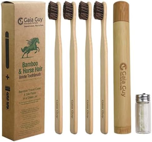Cepillos de Dientes Gaia Guy de Bambú y Cerda de Caballo (Paquete de 4) + Estuche de Viaje y Hilo Dental de Seda | Set Dental Ecológico 100% - imagen 1