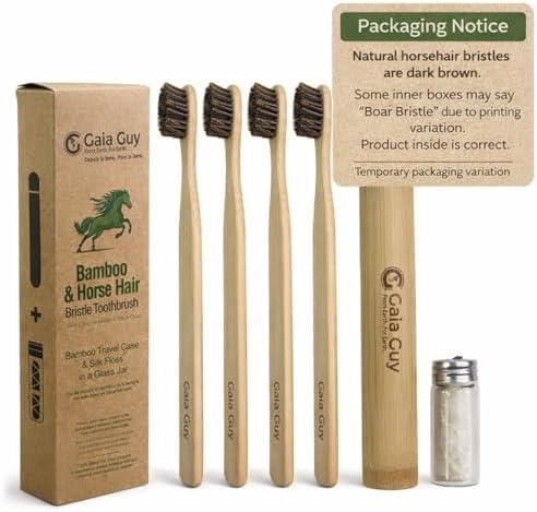 Cepillos de Dientes Gaia Guy de Bambú y Cerda de Caballo (Paquete de 4) + Estuche de Viaje y Hilo Dental de Seda | Set Dental Ecológico 100% - imagen 2