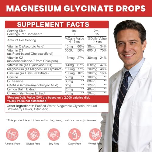 Gotas de Magnesio Glicinato para Niños - Apoyo a la Relajación y Cognición - Suplemento Líquido de 200mg con L-Theanina, GABA, B6, D3, K2 - Sin - imagen 2