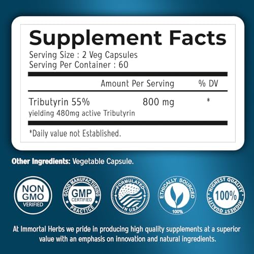 Suplemento de Tributirina Immortal Herbs 800mg, Fórmula Avanzada de Butirato, 55% Estandarizado, Entrega Más Efectiva que el Butirato de Sodio, 120 - imagen 2