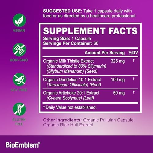 BioEmblem Limpiador de Hígado Orgánico USDA - Extracto de Cardo Mariano 80% Silymarina para la Salud Hepática con Diente de León y Alcachofa - 100% - imagen 2