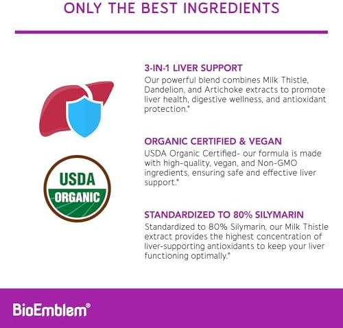 BioEmblem Limpiador de Hígado Orgánico USDA - Extracto de Cardo Mariano 80% Silymarina para la Salud Hepática con Diente de León y Alcachofa - 100% - imagen 3