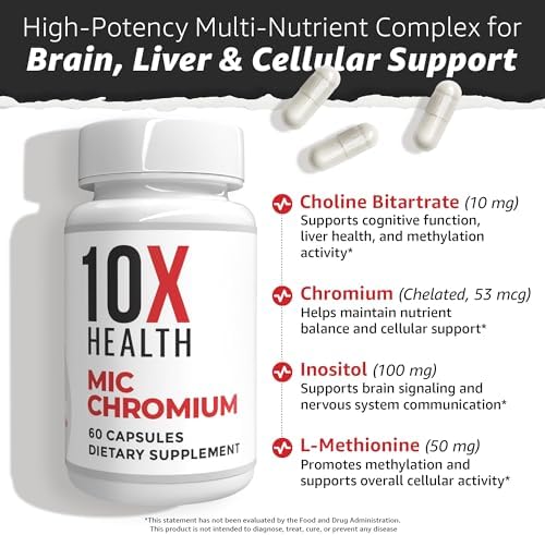 Suplementos de Cromo MIC 10X Health - 60 Cápsulas - Contiene Colina, Inositol y L-Metionina - Suplementos Minerales para Soporte Nutricional Diario - imagen 4