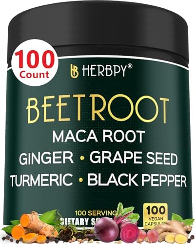 Cápsulas Herbpy 6 en 1 de Remolacha con Maca Negra, Semilla de Uva, Jengibre, Cúrcuma y Pimienta Negra - Extracto 10:1 - Salud Cardiaca, Vitalidad y - imagen 1