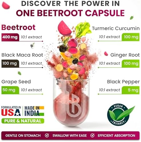 Cápsulas Herbpy 6 en 1 de Remolacha con Maca Negra, Semilla de Uva, Jengibre, Cúrcuma y Pimienta Negra - Extracto 10:1 - Salud Cardiaca, Vitalidad y - imagen 2