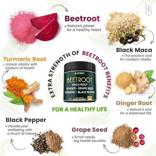Cápsulas Herbpy 6 en 1 de Remolacha con Maca Negra, Semilla de Uva, Jengibre, Cúrcuma y Pimienta Negra - Extracto 10:1 - Salud Cardiaca, Vitalidad y - imagen 4