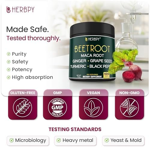 Cápsulas Herbpy 6 en 1 de Remolacha con Maca Negra, Semilla de Uva, Jengibre, Cúrcuma y Pimienta Negra - Extracto 10:1 - Salud Cardiaca, Vitalidad y - imagen 5