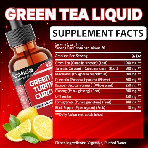 Extracto Líquido de Té Verde Tenmido - 9 en 1 con Cúrcuma, Resveratrol, Quercetina, Bacopa, Ginseng Panax, L-Teanina, Granada y Pimienta Negra - 30ml - imagen 2