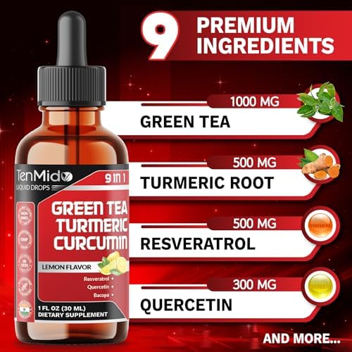 Extracto Líquido de Té Verde Tenmido - 9 en 1 con Cúrcuma, Resveratrol, Quercetina, Bacopa, Ginseng Panax, L-Teanina, Granada y Pimienta Negra - 30ml - imagen 3