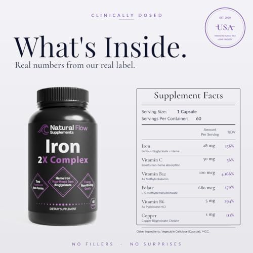 Complejo de Hierro Natural Flow 2X — Heme y Bisglicinato Ferroso, 28 mg de Hierro Elemental con Metilfolato, Metilcobalamina B12, B6, Vitamina C y - imagen 2