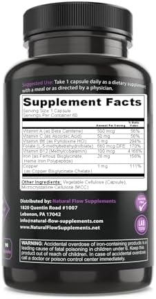 Complejo de Hierro Natural Flow 2X — Heme y Bisglicinato Ferroso, 28 mg de Hierro Elemental con Metilfolato, Metilcobalamina B12, B6, Vitamina C y - imagen 8