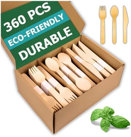 Set de Cubiertos Desechables de Madera Envmax 360 Piezas - 100% Compostables [120 Tenedores, 120 Cucharas, 120 Cuchillos] - Utensilios de Madera - imagen 1