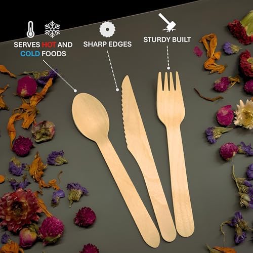 Set de Cubiertos Desechables de Madera Envmax 360 Piezas - 100% Compostables [120 Tenedores, 120 Cucharas, 120 Cuchillos] - Utensilios de Madera - imagen 2
