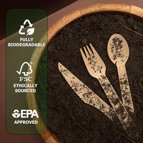 Set de Cubiertos Desechables de Madera Envmax 360 Piezas - 100% Compostables [120 Tenedores, 120 Cucharas, 120 Cuchillos] - Utensilios de Madera - imagen 3
