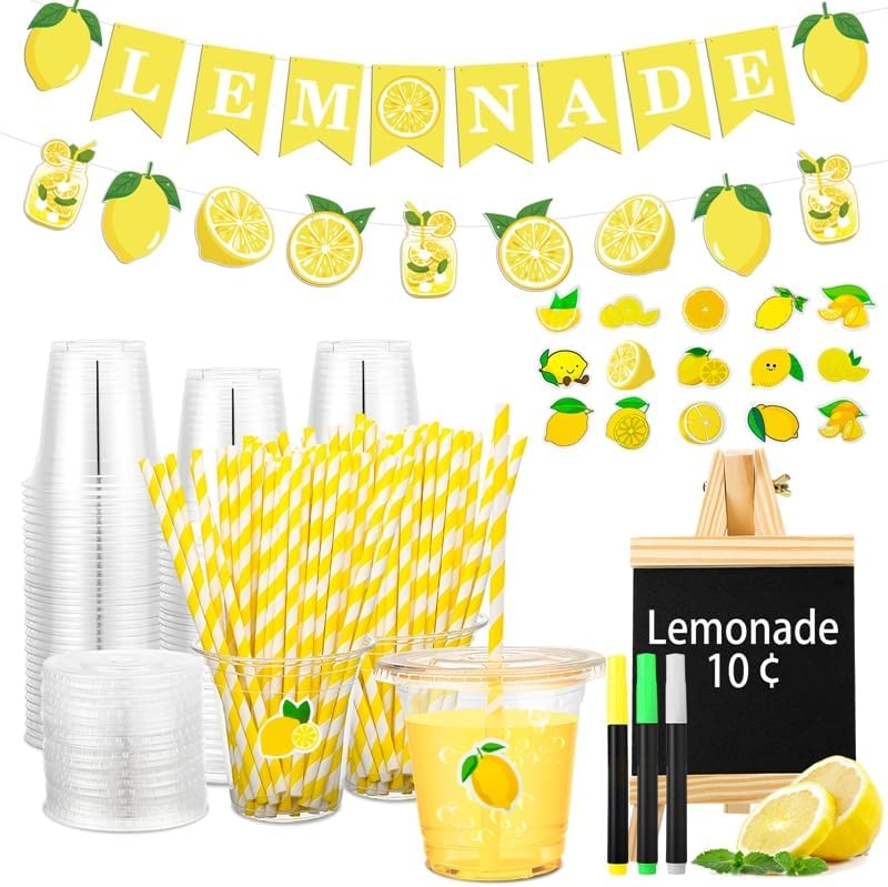 Suministros para Puesto de Limonada 50 Pzs Vasos con Tapa y Popotes, 2 Banners, Pizarra de Madera y Stickers de Limón para Decoración de Fiesta de - imagen 1
