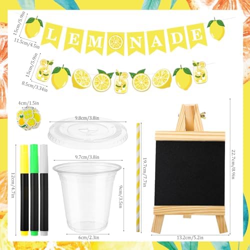 Suministros para Puesto de Limonada 50 Pzs Vasos con Tapa y Popotes, 2 Banners, Pizarra de Madera y Stickers de Limón para Decoración de Fiesta de - imagen 2