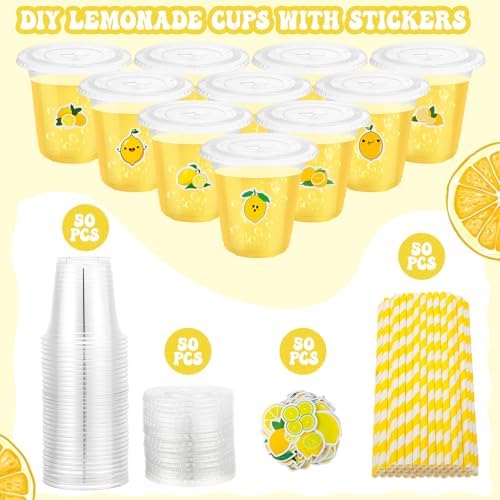 Suministros para Puesto de Limonada 50 Pzs Vasos con Tapa y Popotes, 2 Banners, Pizarra de Madera y Stickers de Limón para Decoración de Fiesta de - imagen 4