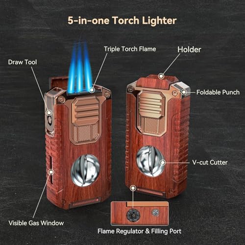 Encendedor Triple Jet Todo en Uno con Corta Cigarros, Soporte, Punch y Mejora de Tiro, Encendedor Recargable a Prueba de Viento (Madera de Caoba) - imagen 3