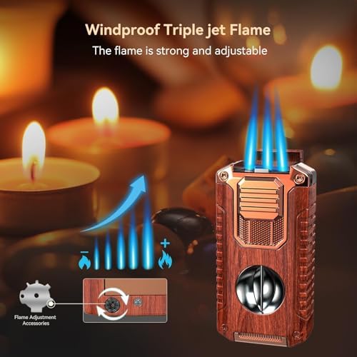 Encendedor Triple Jet Todo en Uno con Corta Cigarros, Soporte, Punch y Mejora de Tiro, Encendedor Recargable a Prueba de Viento (Madera de Caoba) - imagen 4