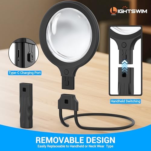 Lupa de cuello con luz para trabajos de cerca, 5.5 pulgadas, 5X, incluye 2 lupas pequeñas de 10X con funda protectora para leer libros. - imagen 2