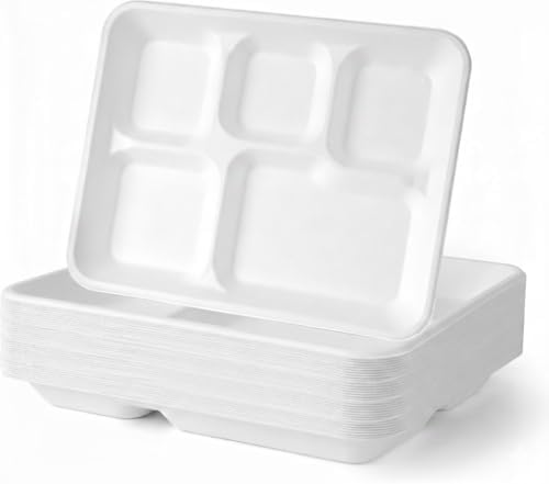 BIRCHIO Paquete de 100 Platos Desechables de 5 Compartimentos, Platos de Papel Compostables para Cenas y Fiestas - imagen 1