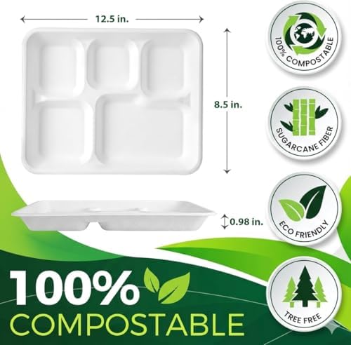 BIRCHIO Paquete de 100 Platos Desechables de 5 Compartimentos, Platos de Papel Compostables para Cenas y Fiestas - imagen 2