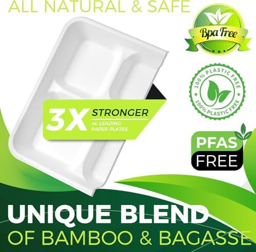 BIRCHIO Paquete de 100 Platos Desechables de 5 Compartimentos, Platos de Papel Compostables para Cenas y Fiestas - imagen 3