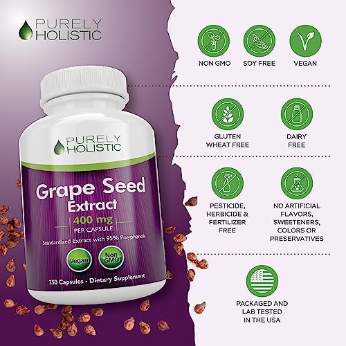 Extracto de Semilla de Uva Purely Holistic 400mg - 250 Cápsulas Veganas - Suministro para 8+ Meses - Estandarizado al 95% de Polifenoles - Máxima - imagen 3