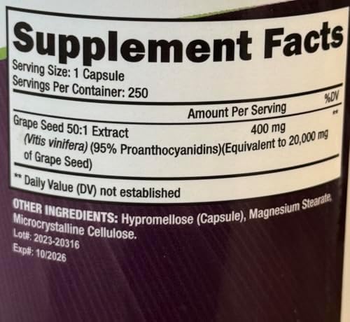 Extracto de Semilla de Uva Purely Holistic 400mg - 250 Cápsulas Veganas - Suministro para 8+ Meses - Estandarizado al 95% de Polifenoles - Máxima - imagen 5