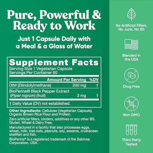 Suplemento DIM Puro 200 Mg para Mujeres y Hombres - Equilibrio Hormonal de Estrógeno, Energía, Estrés, Menopausia - 60 Cápsulas Veganas con BioPerine - imagen 7