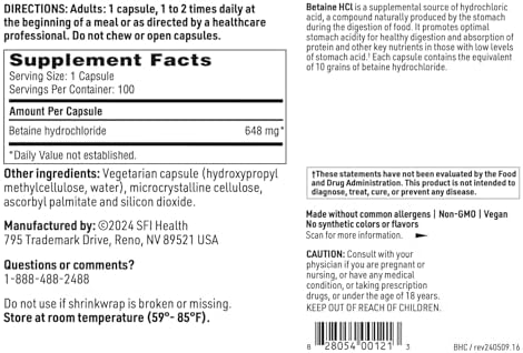 Klaire Labs SFI Health Betaína HCl 648mg - Suplemento Hipolergénico para la Digestión y Absorción de Nutrientes - Libre de Gluten y Maíz (100 - imagen 4